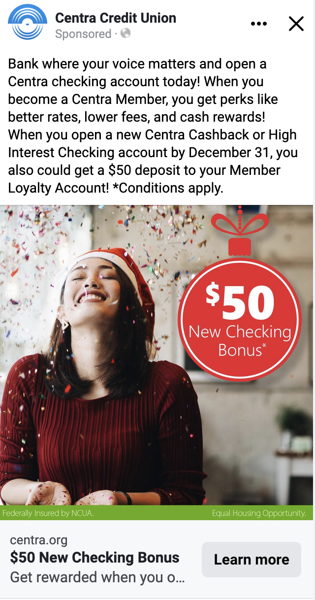 Facebook sponsored post with woman wearing Santa hat to promote a cashback promotion during the holidays