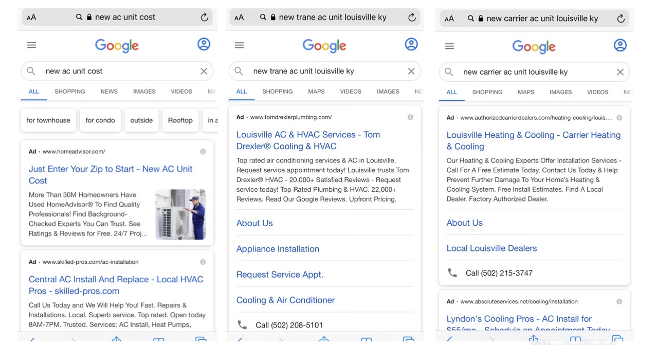 Three examples of Google Ads for different long-tail keyword searches are important considerations when following paid search best practices.