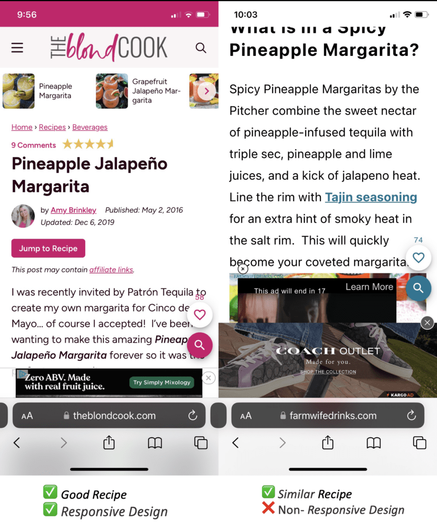 Two screenshots of recipe websites on mobile with pop-up ads