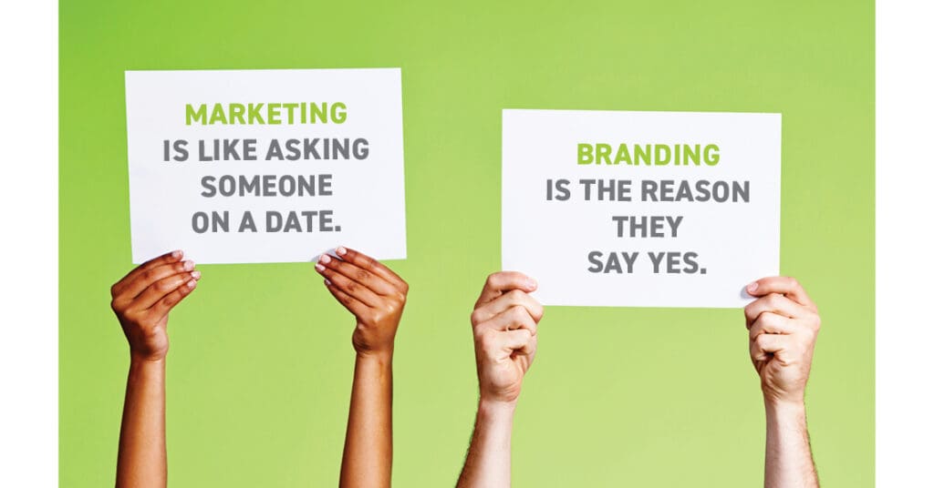 People holding signs about the difference between performance marketing and brand marketing