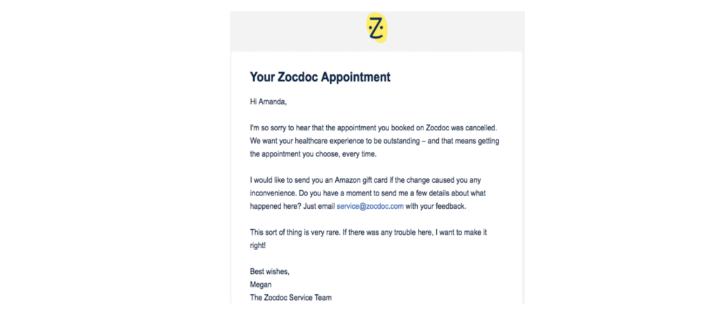 Screenshot of canceled appointment letter from Zocdoc, showing brand stewardship in the face of increased brand exposure