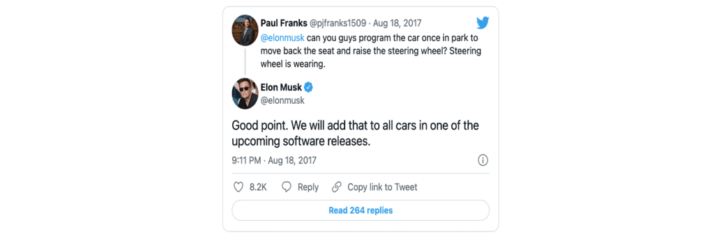 Screenshot of Elon Musk's response to Tesla customer Paul Franks's tweet, a great example of brand stewardship in the face of increased brand exposure.