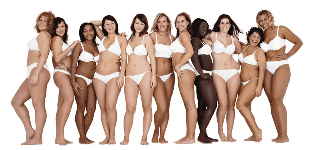 Diverse group of women in white swimsuits, part of Dove's Real Beauty campaign that explored real self vs. ideal self in advertising.