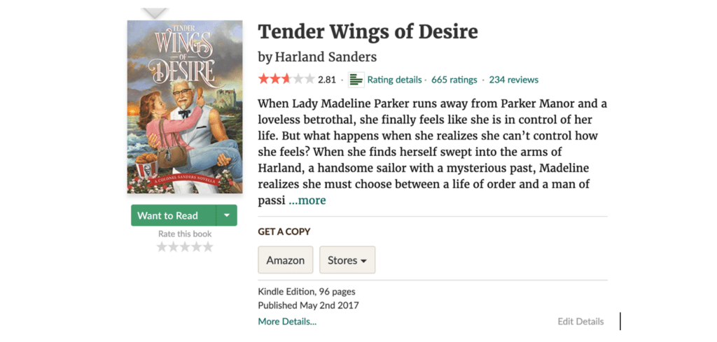 Screenshot of spoof Goodreads romance book review for "Tender Wings of Desire," used as part of a KFC social media campaign.