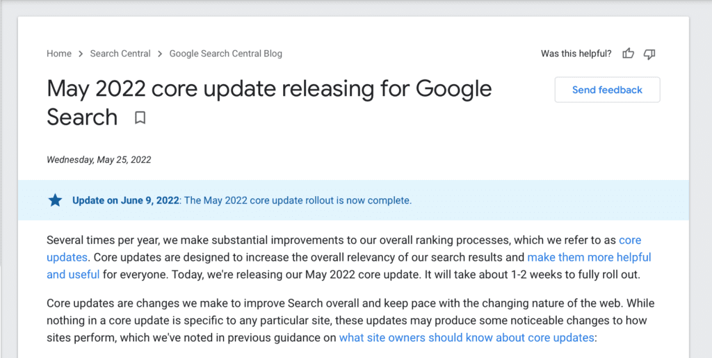 Screenshot of Google update release for May 2022, highlighting the importance of understanding SEO and Google algorithm updates