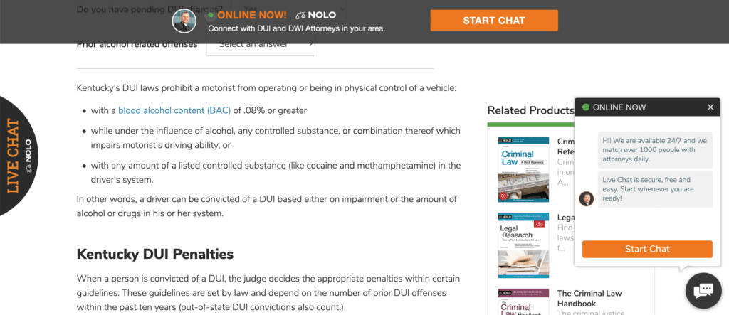 Screenshot of law firm website with helpful content on DUIs