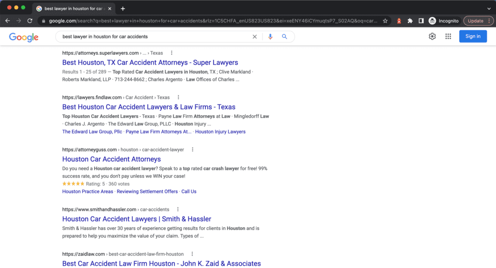 Screenshot of search results for "best lawyer in houston for car accidents" 