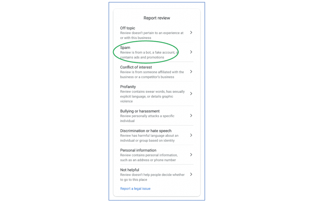 Screenshot of the ad fraud report review options for Google reviews with Spam circled