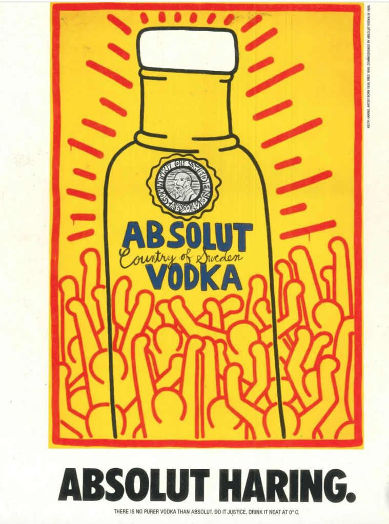 Absolut Vodka ad featuring Keith Haring artwork of bottle and figures