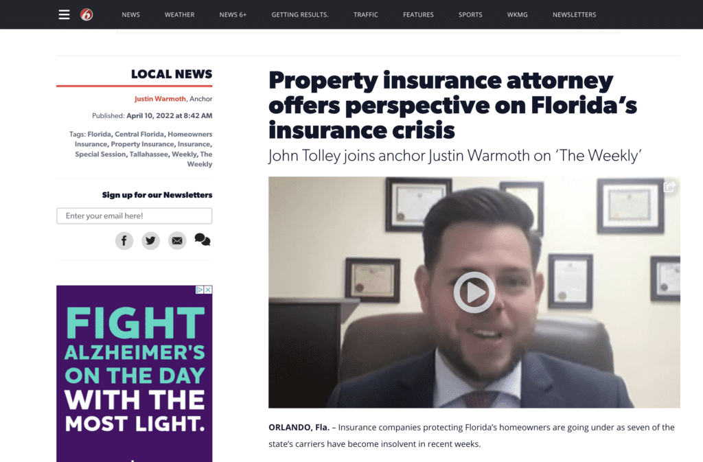 Screenshot of local news website and video of property insurance attorney, an example of positive law firm media relations