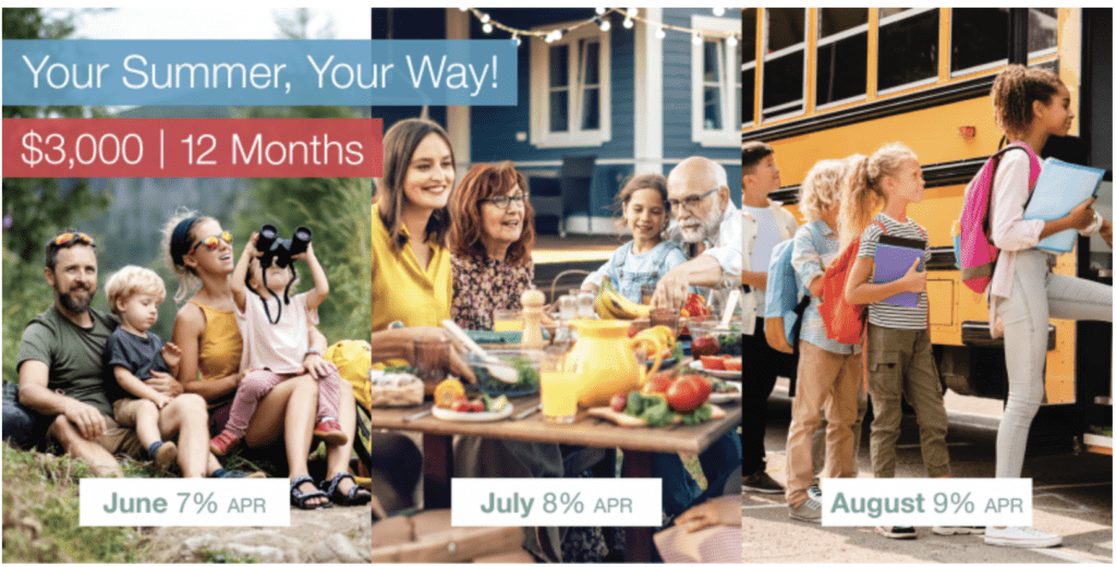 Vacation loan ad featuring family doing various activities, an example of bank promotional ideas for summer