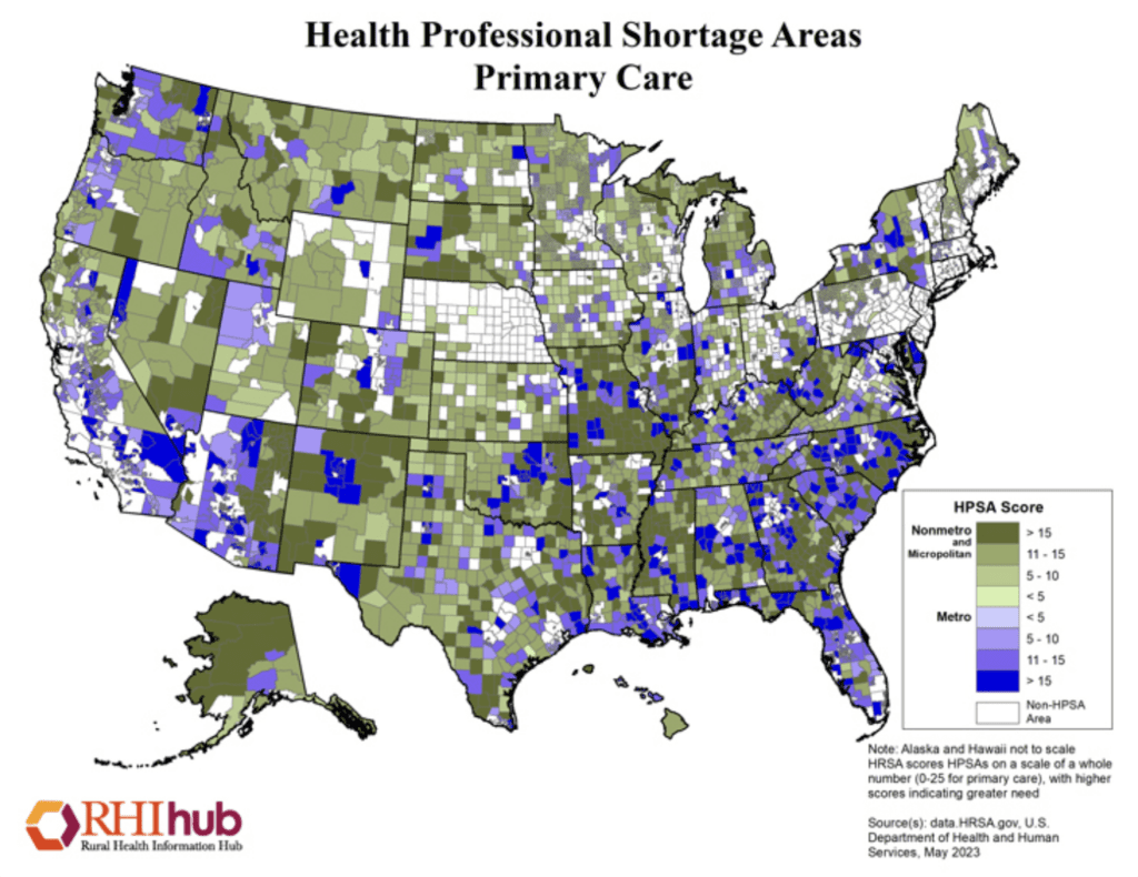 US map showing health professional shortage areas for primary care, important data for understanding employee engagement in healthcare