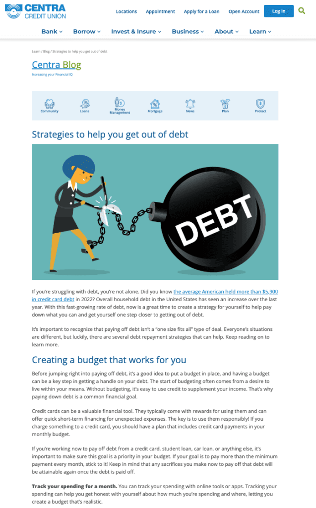 Article about strategies to help you get out of debt, a great example of using content for SEO for financial services