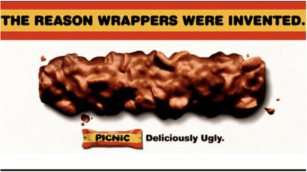 Print ad for Cadbury Picnic candy bar, "The Reason Wrappers Were Invented," a great example of brand authenticity