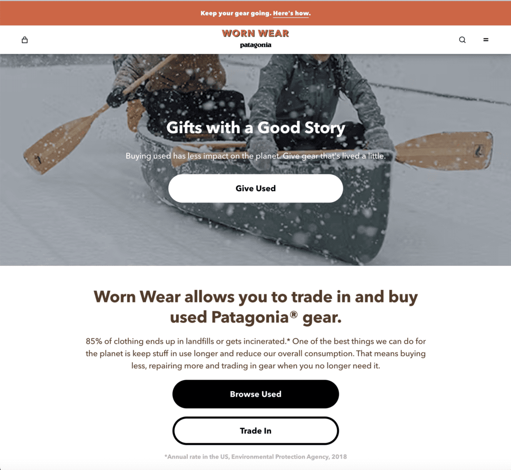 Patagonia Worn Wear trade-in website page, a great example of brand authenticity