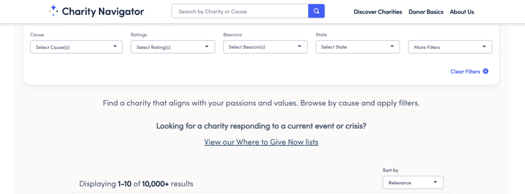 Screenshot of Charity Navigator website homepage