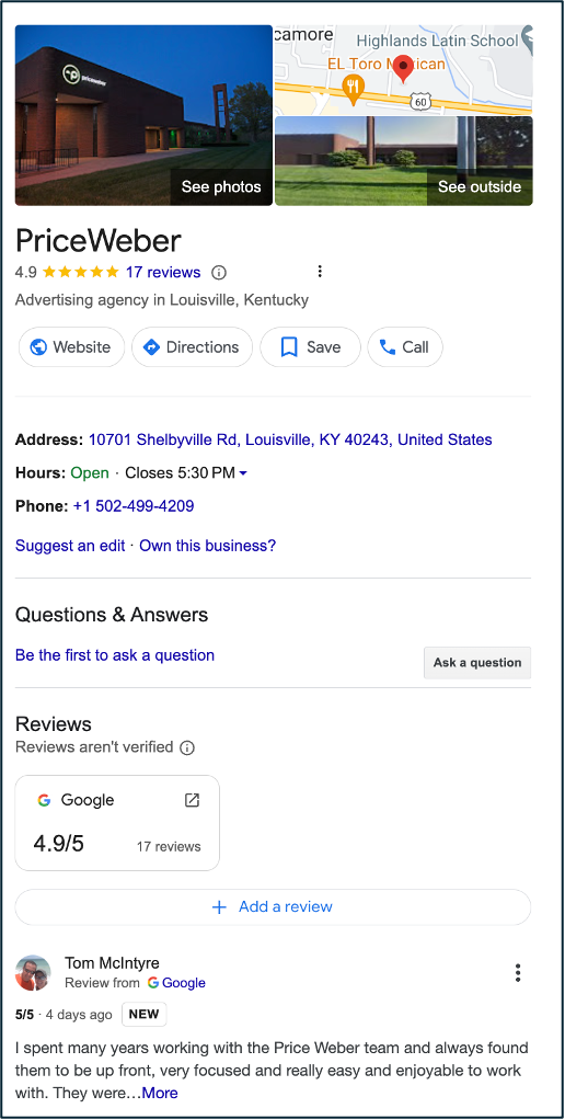 PriceWeber Google Business Profile