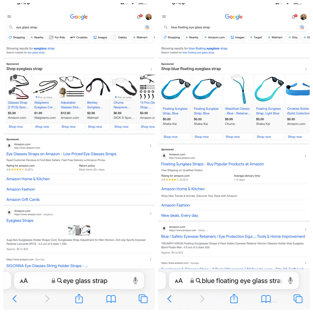 Screenshot of Google search results for eyeglass strap