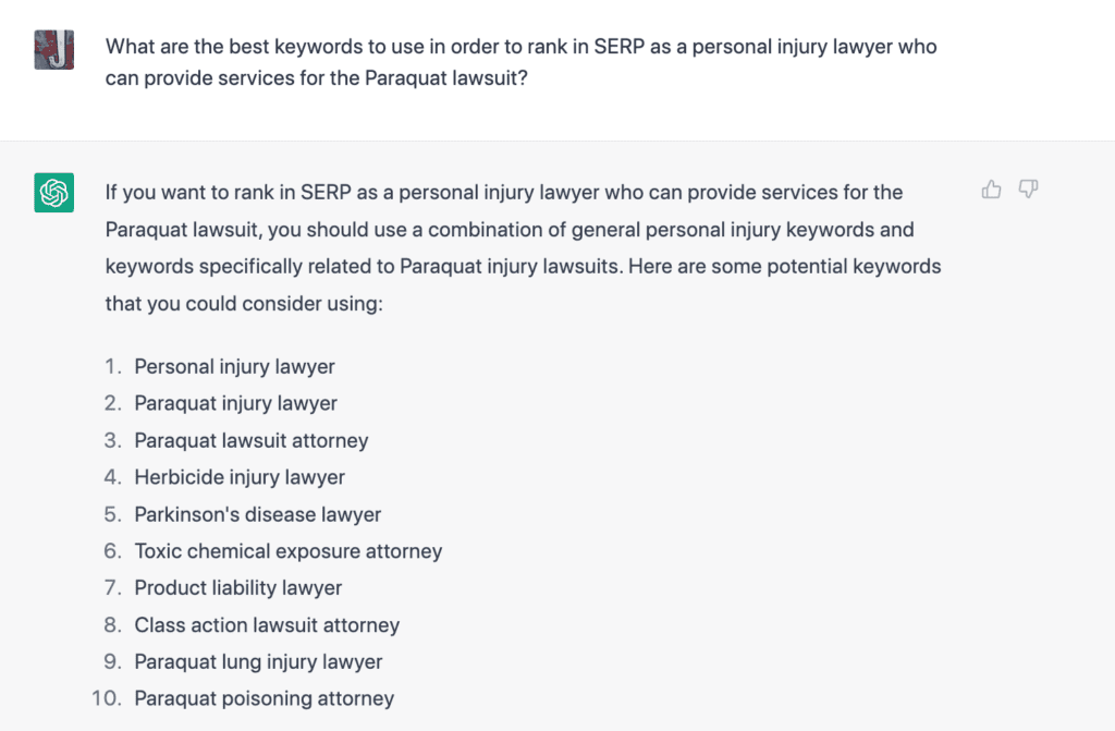 ChatGPT providing keywords for the Paraquat lawsuit