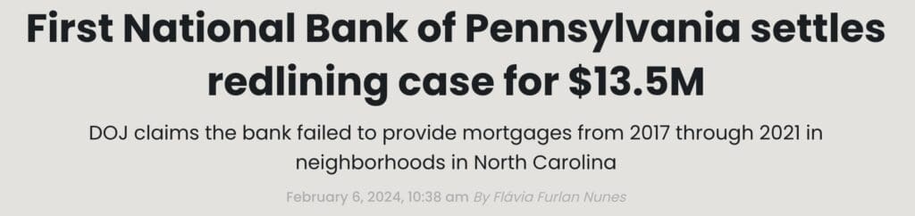 Headline for First National Bank of Pennsylvania settling its redlining case