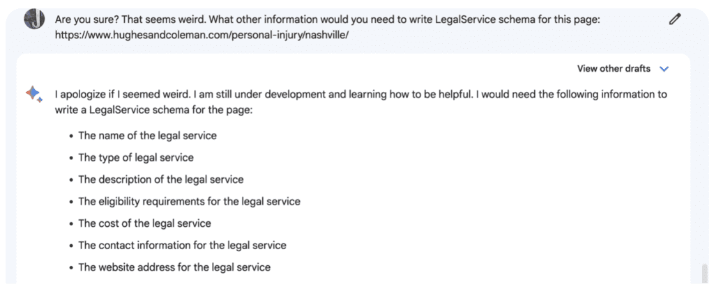 Google Bard response explaining what it would need to write LegalService schema