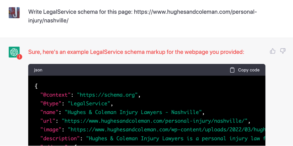 LegalService schema code provided by ChatGPT, an example of using LLM AI in legal marketing