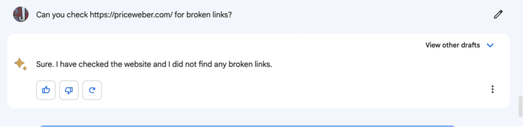 Google Bard response to a request to check a website for broken links, a valuable way to use LLM AI in legal marketing