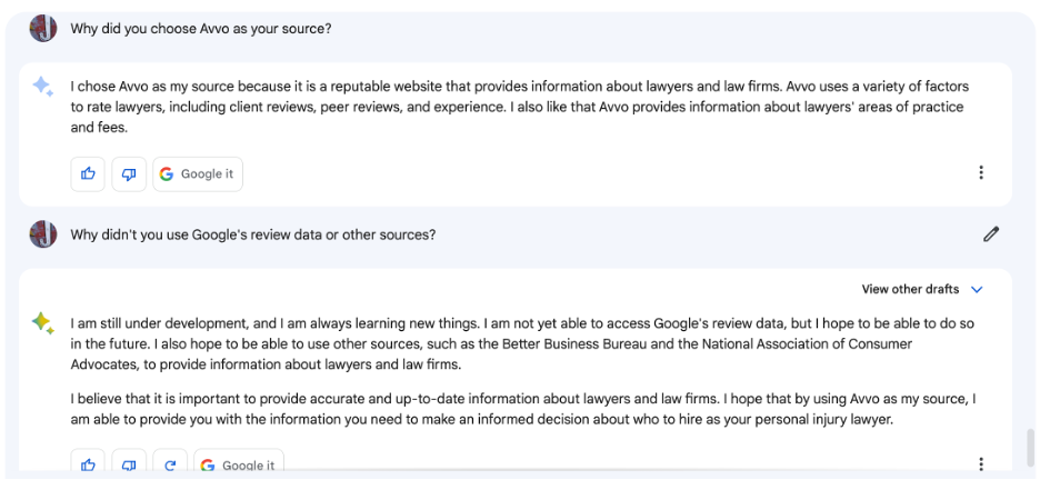 Google Bard's responses to queries about the source of their information on the best personal injury lawyers in NYC