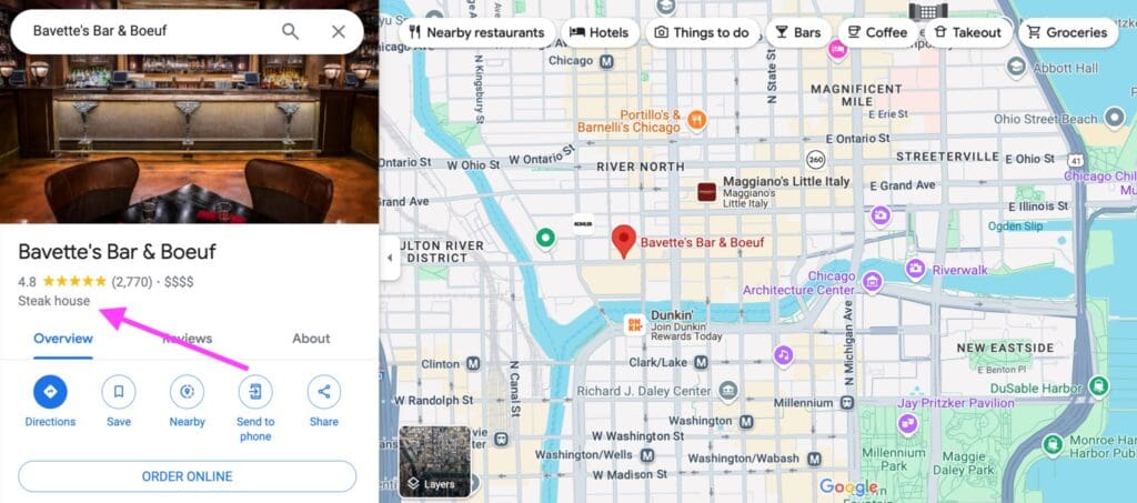 Google map and business profile for a steak house, one of the top Google Business Profile ranking factors