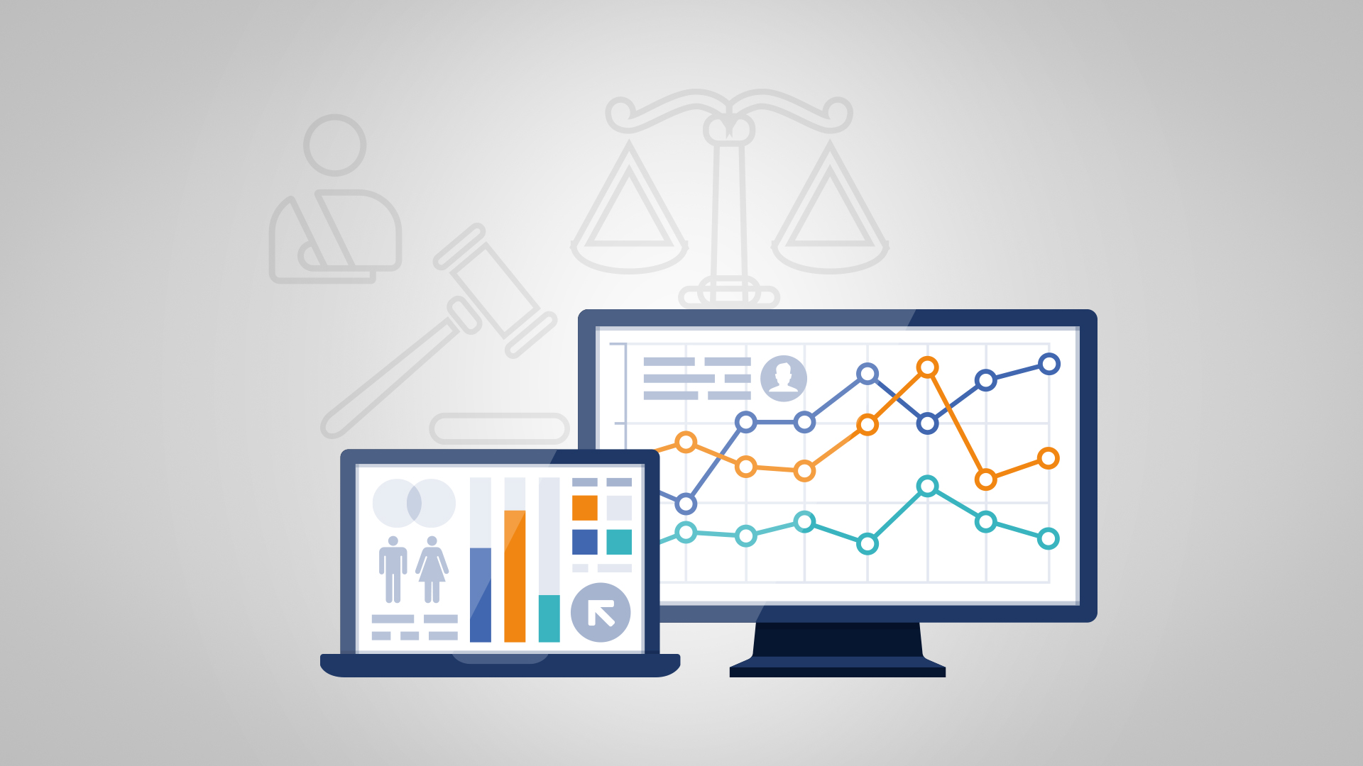 Two computer screens showing legal graphs and charts, representing SEO for personal injury