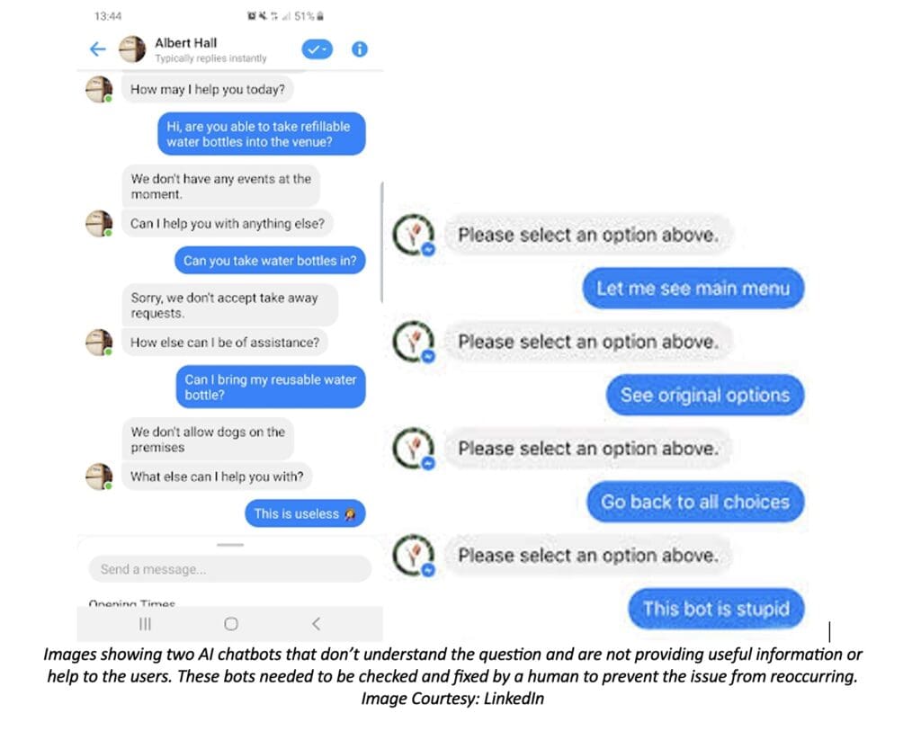 Images showing two AI chatbots that don’t understand the question and are not providing useful information or help to the users.