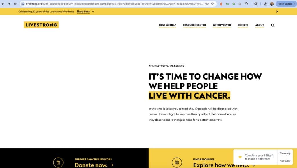 Screenshot of the Livestrong Foundation website, where a catastrophic PR event led to a brand audit and name change.