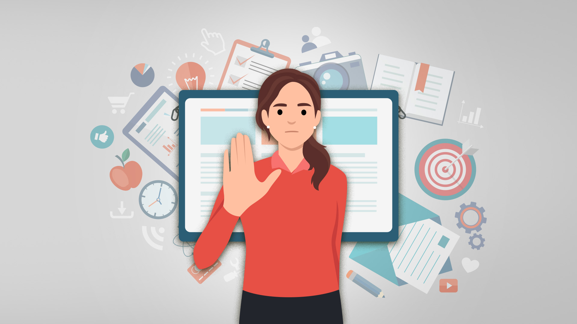 Illustration of woman holding up hand with computer in background, representing content management systems