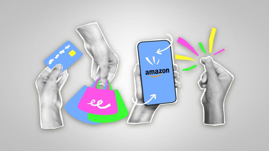 Hands holding credit cards, shopping bags, and phone displaying Amazon, representing how to use Amazon Seller Central