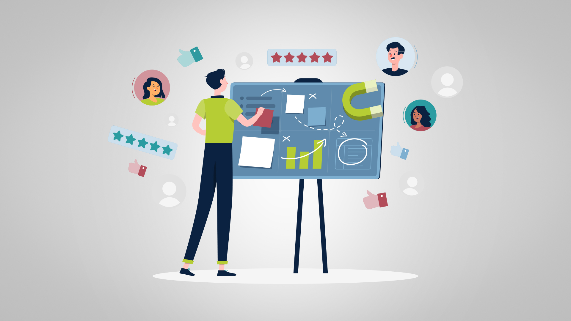 Illustration of a person planning customer retention strategies for banks, with icons for feedback, ratings, and engagement.