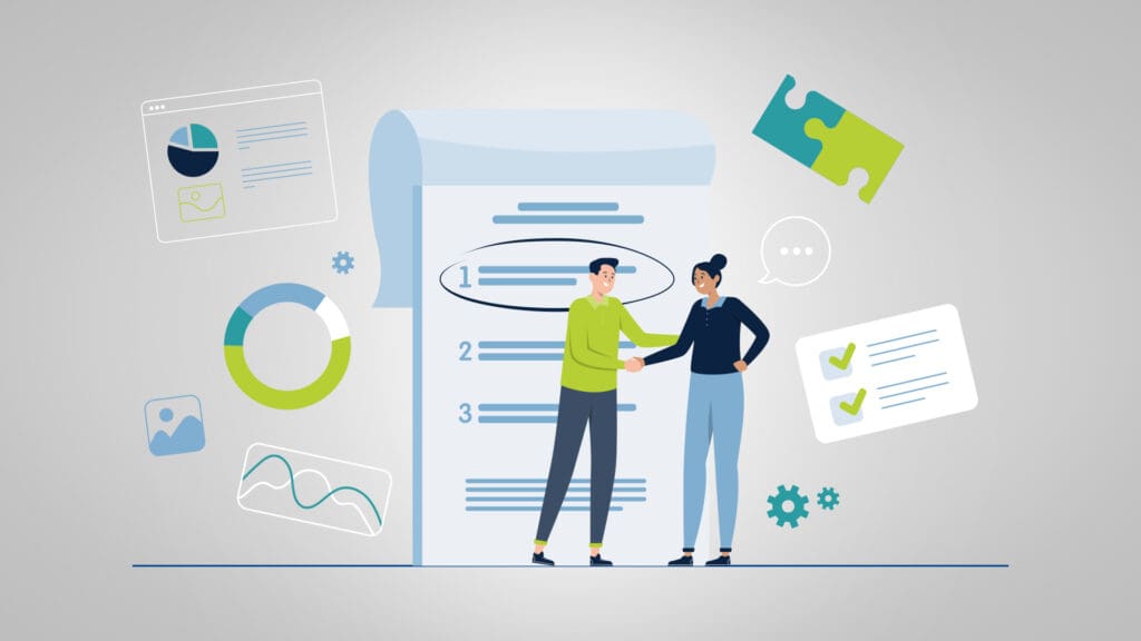 Illustration showing two professionals shaking hands in front of a large checklist, surrounded by charts, graphs, and digital icons, representing collaboration and planning during a marketing RFP process.