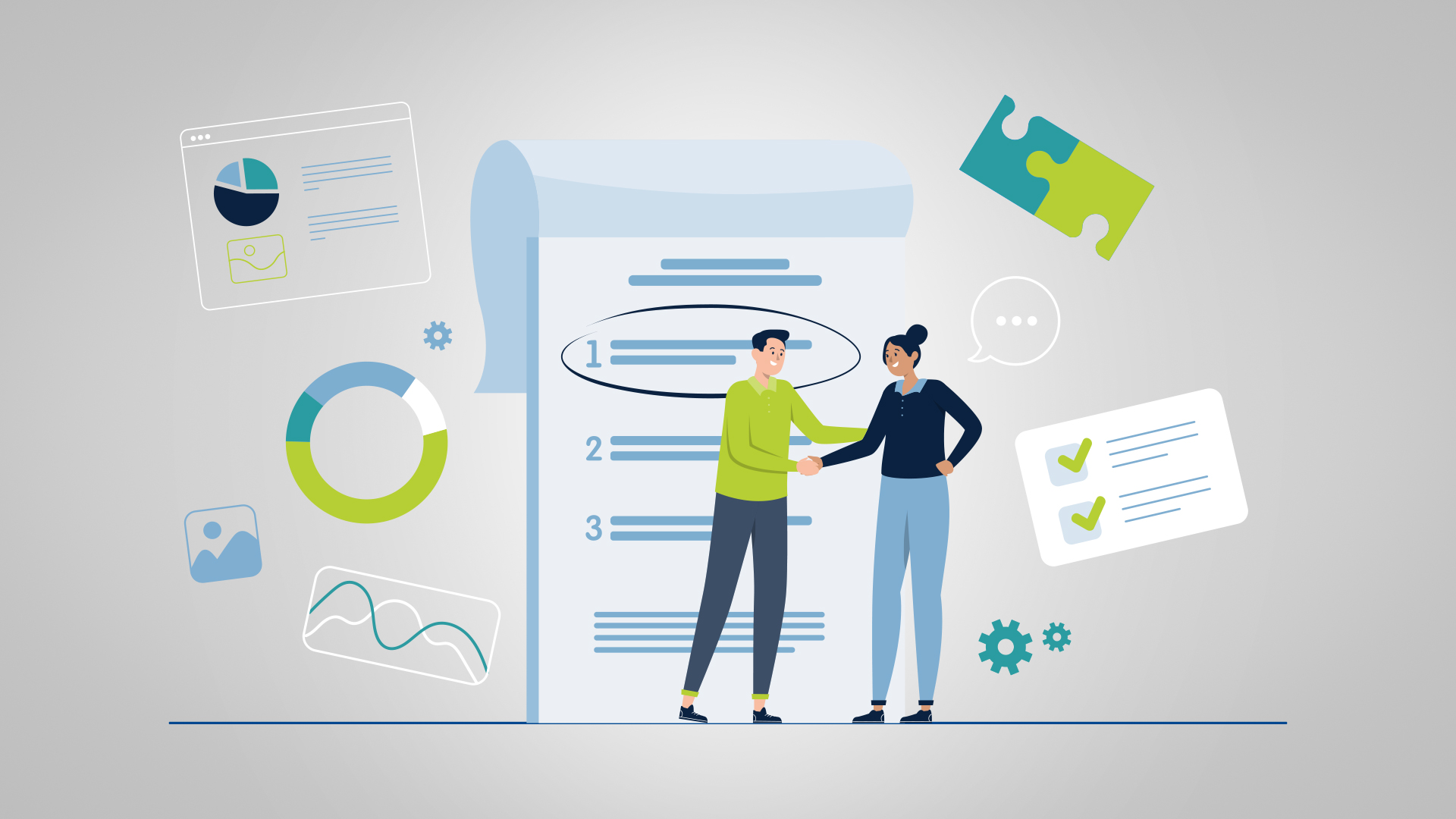 Illustration showing two professionals shaking hands in front of a large checklist, surrounded by charts, graphs, and digital icons, representing collaboration and planning during a marketing RFP process.