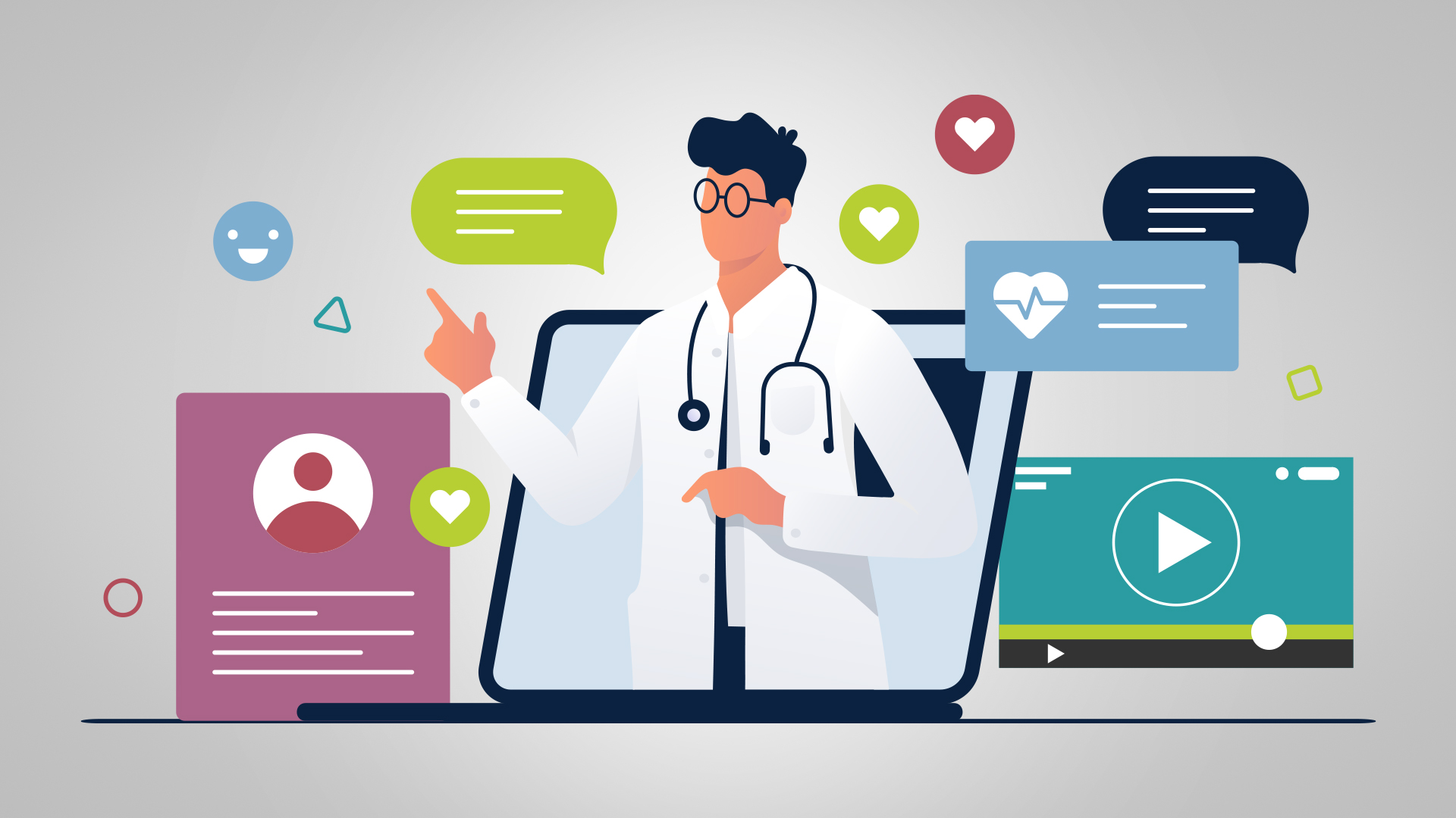 Illustration of a doctor using digital tools to represent modern patient engagement and virtual healthcare communication.