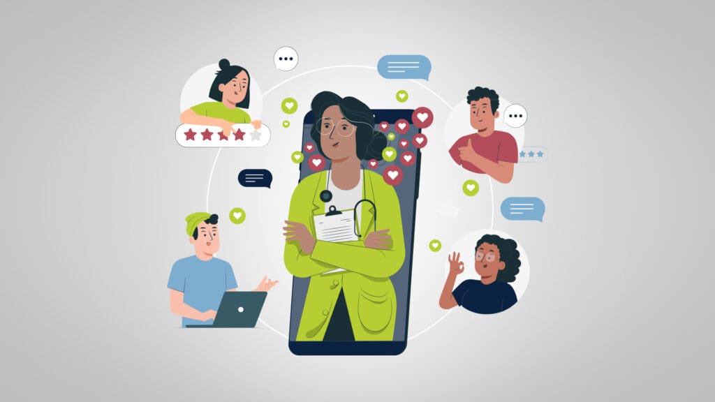 Illustration of a confident female doctor emerging from a smartphone surrounded by positive online reviews, hearts, thumbs up, and patient feedback icons—symbolizing building trust with patients through digital reputation.