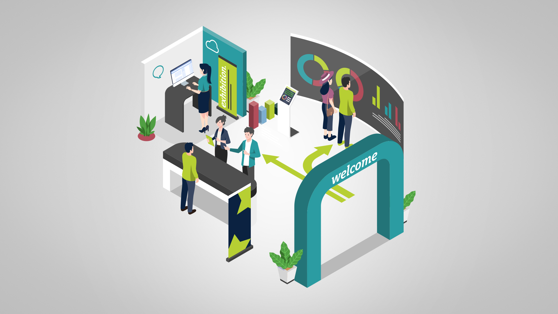 Illustration showing interactive booth elements and attendee engagement, used to support trade show lead generation strategies in a B2B setting.