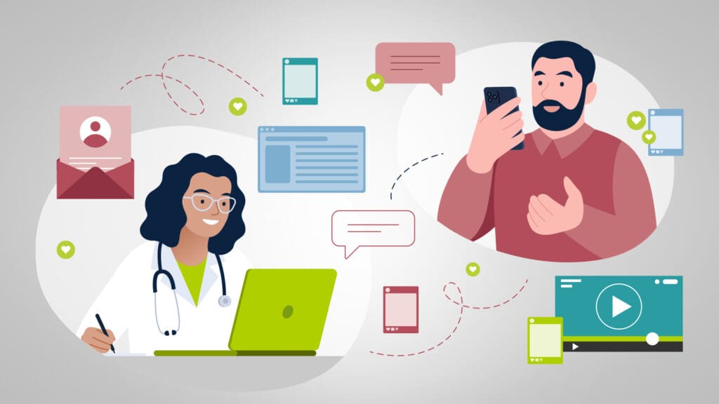 Illustration showing patient engagement strategies for a newly diagnosed patient, with icons and connected stages representing needs and matching content types along the care journey.
