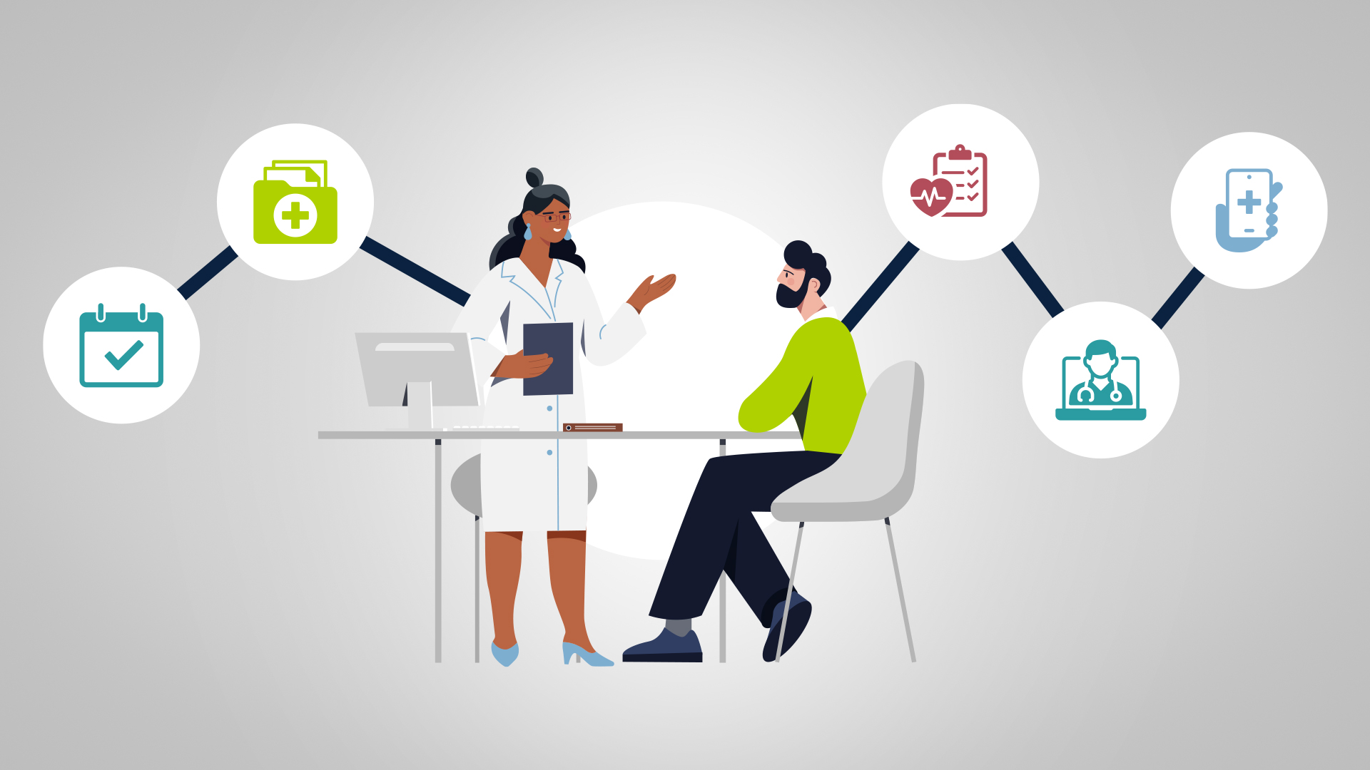 Illustration of a doctor consulting with a patient, surrounded by icons representing patient loyalty touchpoints like scheduling, health records, checklists, telehealth, and mobile care apps.