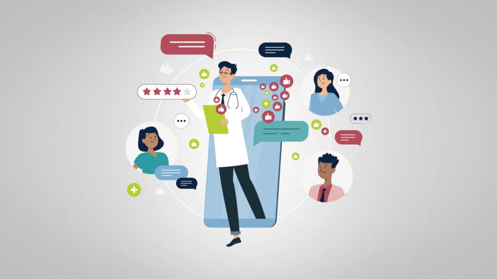 Illustration of a doctor standing in front of a large smartphone surrounded by patient message bubbles, ratings, and comments—representing how to build trust in healthcare social media through active engagement and credible communication.