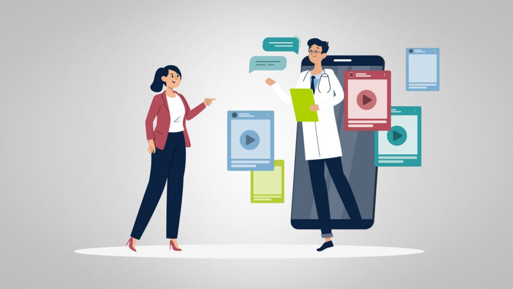 Illustration of a healthcare professional and a communications manager discussing online content on a smartphone screen, representing how social media posts and healthcare liability can impact hospitals and healthcare organizations.