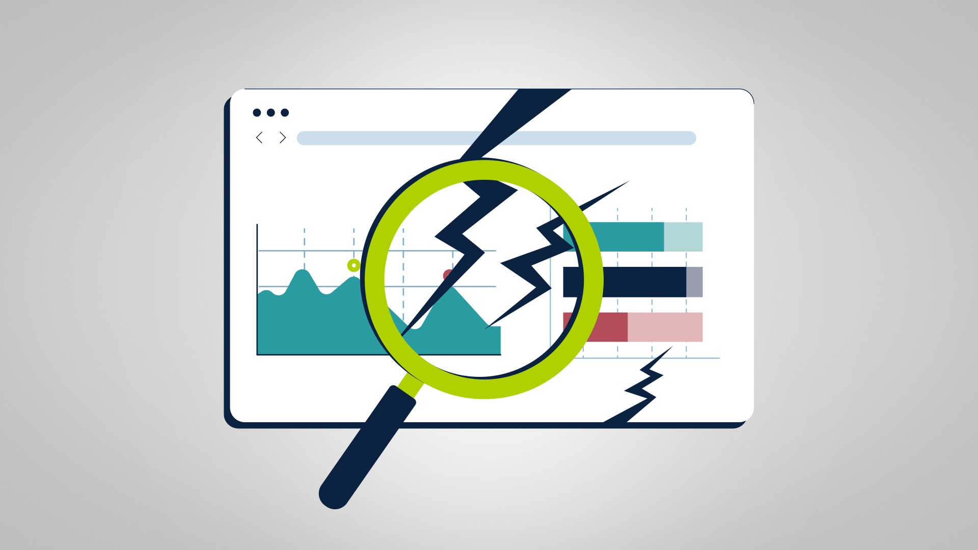 Illustration of a dashboard displaying analytics charts and graphs, cracked down the middle with a magnifying glass examining the break representing broken marketing attribution.