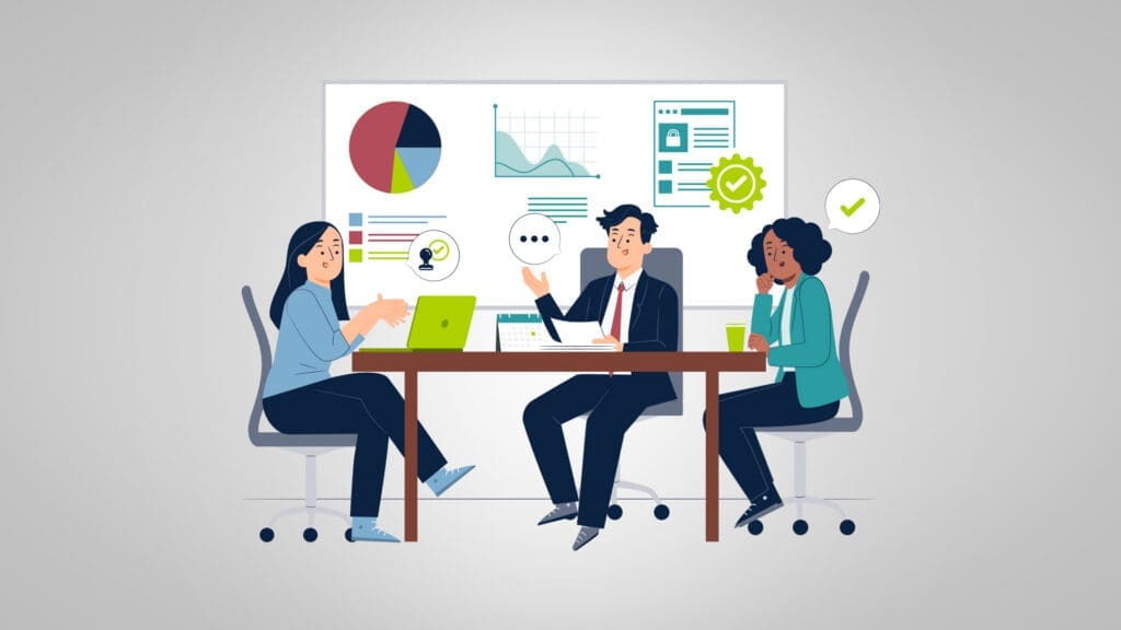 Illustration of three marketing colleagues discussing marketing compliance documents at a conference table, with charts, approval badges, and data visualizations on the wall behind them.