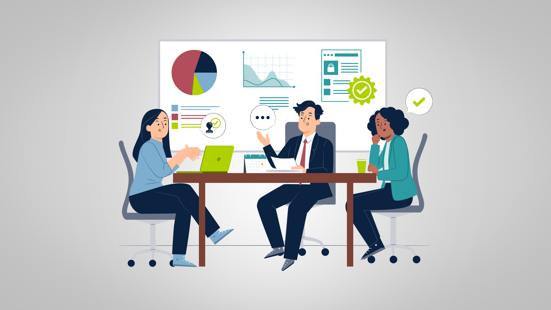 Illustration of three marketing colleagues discussing marketing compliance documents at a conference table, with charts, approval badges, and data visualizations on the wall behind them.