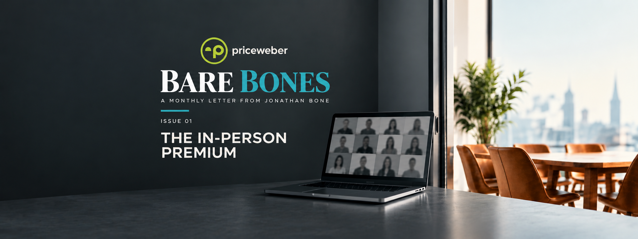 An image with a laptop open an people on a virtual meeting while a meeting table sits empty next to the laptop.