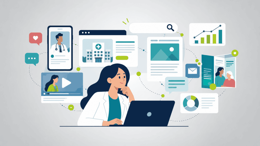 Doctor at a laptop surrounded by media formats.