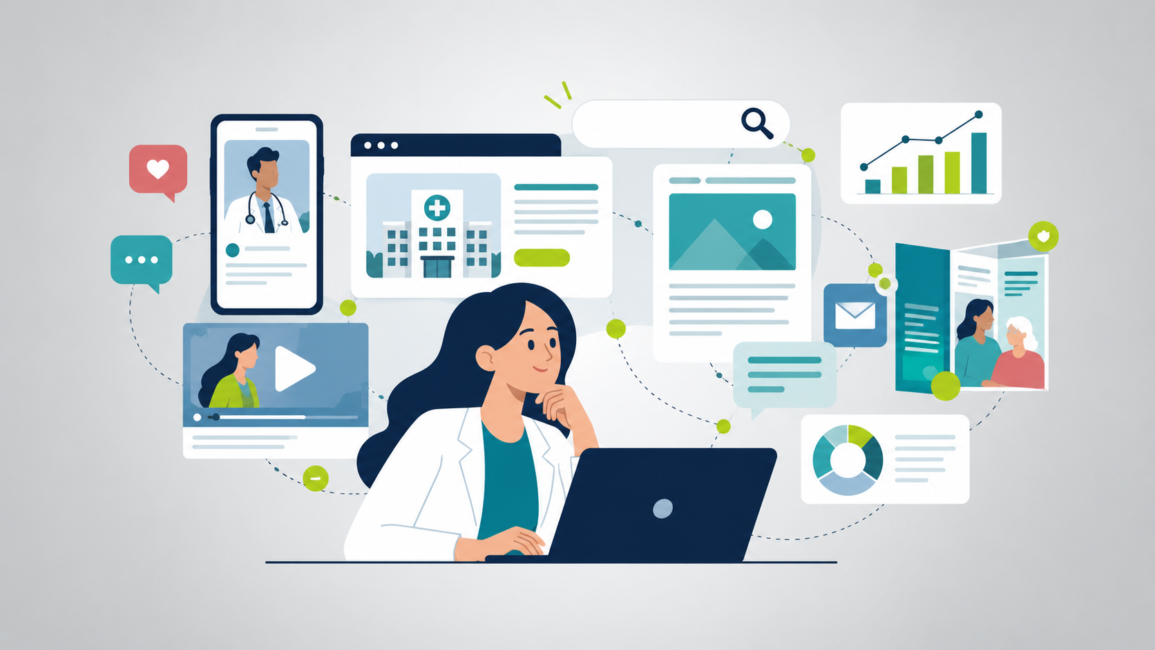 Doctor at a laptop surrounded by media formats.